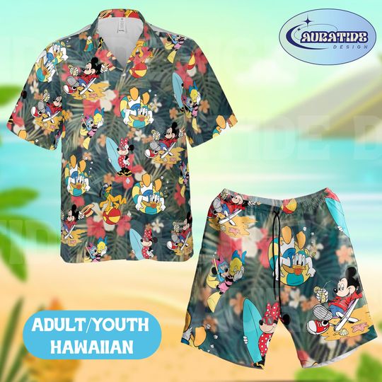 Discover Mickey and Friends Diving Hawaiian Shirt and Shorts Set, Disney Snorkeling Beach Outfit, Donald Duck Surfing Summer Aloha Wear Adult Youth