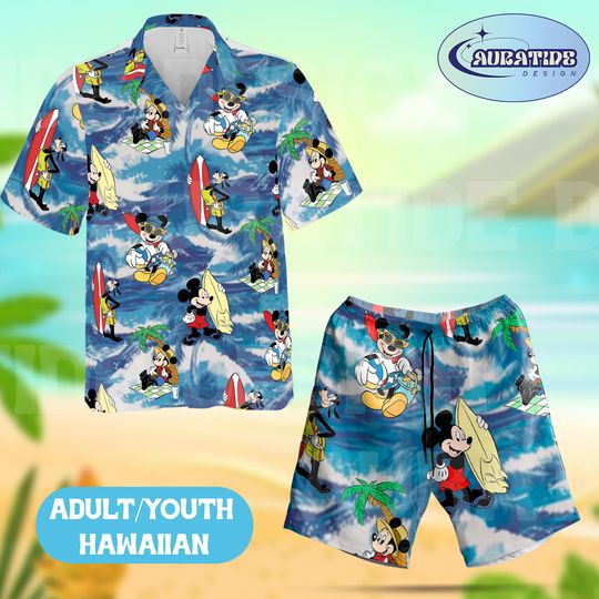 Discover Mickey and Friends Surfing Hawaiian Shirt Shorts Set, Disney Big Wave Beach Outfit Adult Youth, Goofy Donald Duck Summer Aloha Wear Gift