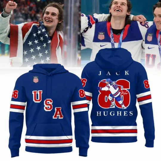 Team USA Hockey x Jack Hughes 2026 Blue & White Hoodie 3D
