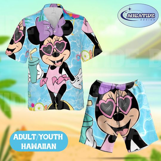 Discover Minnie Mouse Pool Party Hawaiian Set, Disney Tropical Beach Heart Glasses Shirt and Shorts, Aloha Summer Vacation Outfit, Cute Minnie