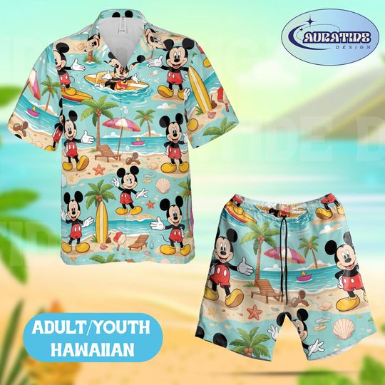 Discover Mickey Mouse Beach Day Hawaiian Shirt Shorts Set, Disney Tropical Surfing & Relaxing Outfit, Summer Vacation Aloha Wear Adult Youth Gift