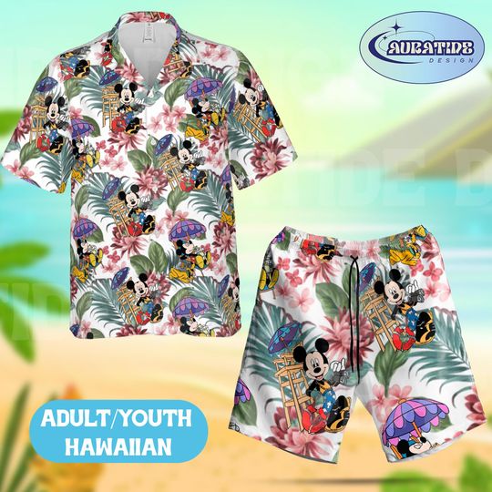 Mickey Mouse Lifeguard Hawaiian Shirt and Shorts Set, Disney Tropical Hibiscus Beach Outfit, Summer Coast Guard Aloha Wear Adult Youth Gift