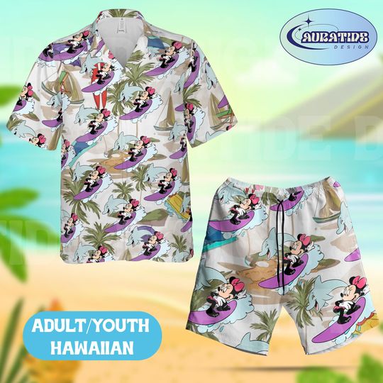 Minnie Mouse Surfing Hawaiian Shirt Shorts Set, Disney Dolphin Beach Outfit, Tropical Palm Tree Summer Aloha Wear Adult Youth Vacation Gift