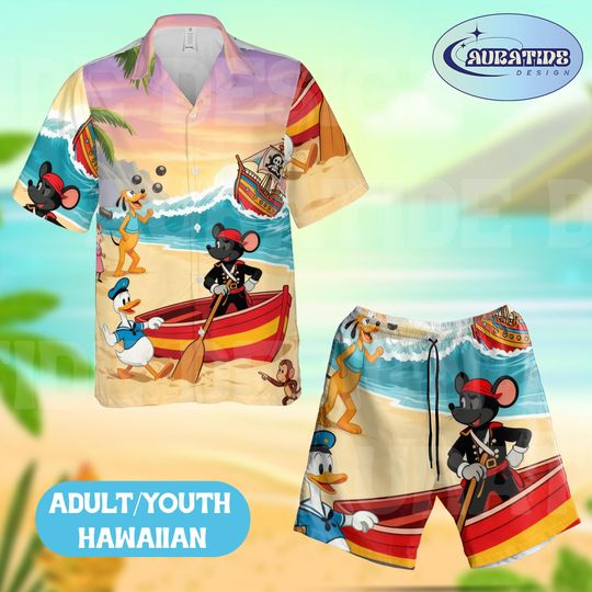 Discover Mickey and Friends Pirate Hawaiian Shirt Shorts Set, Disney Caribbean Beach Outfit Adult Youth, Sailing Ship Summer Wear, Pluto Donald Gift