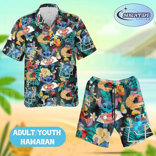 Stitch and Angel Beach Hawaiian Shirt Shorts Set, Disney Lilo and Stitch Tropical Vacation Outfit, Summer Luau Party Aloha Wear Adult Youth