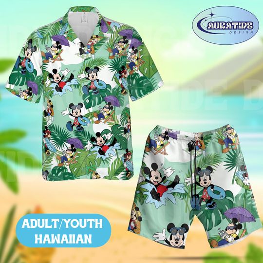 Discover Mickey Mouse Tropical Monstera Hawaiian Set, Disney Beach Relax & Sunbathe Outfit, Green Leaf Summer Aloha Wear Adult Youth Gift
