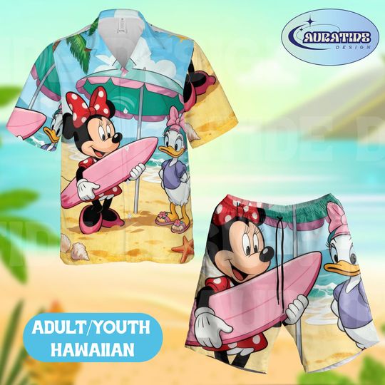 Discover Minnie Mouse and Daisy Duck Hawaiian Shirt Shorts Set, Disney Surfing Beach Outfit Adult Youth, Magical Summer Girls Trip Aloha Wear Gift