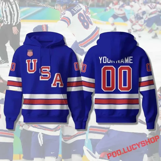 Discover USA Hockey Olympic 2026 Blue Hoodie Pullover Shirt, Custom Name and Number