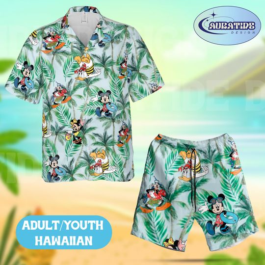 Discover Mickey and Friends Palm Tree Hawaiian Set, Disney Tropical Beach Vacation Outfit, Donald Duck & Goofy Summer Aloha Wear Adult Youth Gift