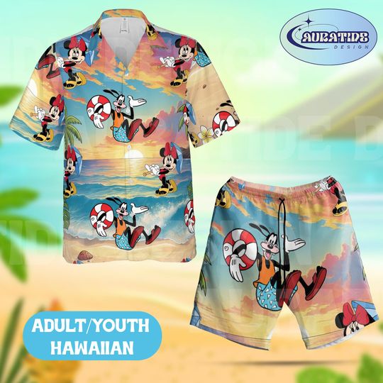 Discover Goofy and Minnie Mouse Hawaiian Shirt and Shorts Set, Disney Sunset Beach Outfit Adult Youth, Magical Summer Lifebuoy Vacation Aloha Wear