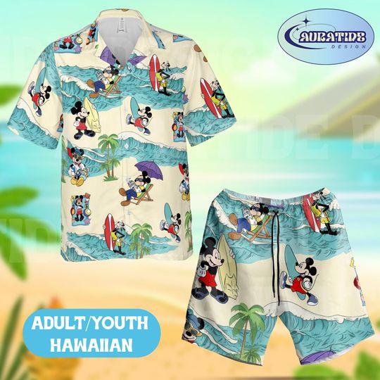 Mickey Mouse Catch the Wave Hawaiian Set, Disney Surfing & Big Wave Beach Outfit, Goofy Donald Duck Summer Aloha Wear Adult Youth Gift