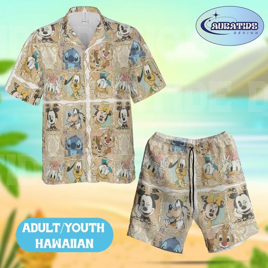 Discover Disney Character Hawaiian Shirt Set, Mickey Mouse Donald Duck Goofy Pluto Stitch Vintage Disney Aloha Outfit, Adult Youth Vacation Set