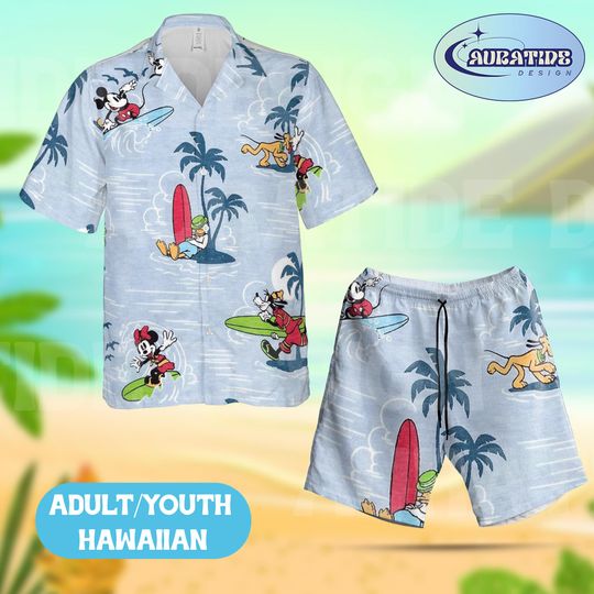 Discover Mickey and Friends Surfing Hawaiian Set, Disney Tropical Beach Outfit, Goofy Donald Pluto Aloha Wear Adult Youth Summer Vacation Gift