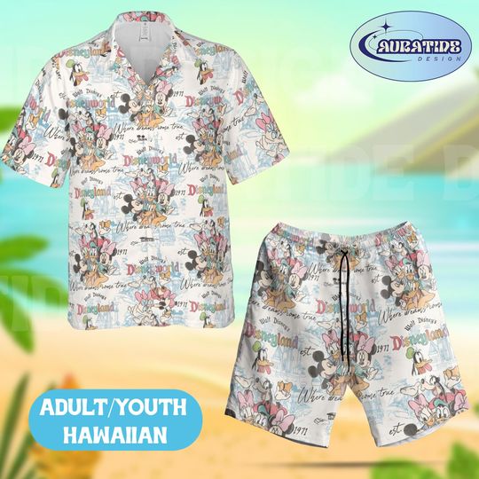 Discover Disney Characters Hawaiian Shirt And Shorts Set, Mickey Minnie Donald Daisy Goofy Disneyland Vacation Outfit, Adult Youth Family Matching