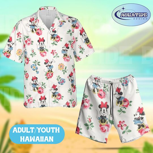 Minnie Mouse Floral Pink Garden Hawaiian Set, Disney Vintage Rose Beach Outfit, Cute Minnie Flower Aloha Wear Adult Youth Summer Gift