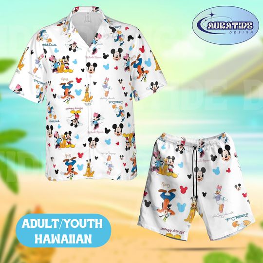Discover Mickey and Friends All-Over Print Hawaiian Set, Disney Classic Character Beach Outfit, Donald Daisy Goofy Pluto Aloha Wear Summer Gift
