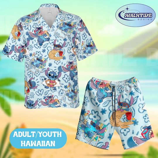 Stitch and Angel Hawaiian Shirt Shorts Set, Disney Lilo and Stitch Light Blue Flower Beach Outfit, Summer Ice Cream Aloha Wear Adult Youth