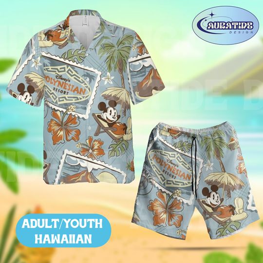 Discover Mickey Polynesian Resort Hawaiian Set, Disney Vintage Postcard Beach Outfit, Aloha Mickey Summer Wear Adult Youth Tropical Vacation Gift