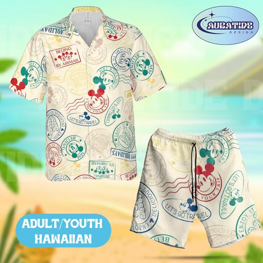 Discover Mickey Mouse Travel Stamps Hawaiian Set, Disney Vintage Postcard Beach Outfit, Retro Passport Mail Summer Aloha Wear Adult Youth Vacation