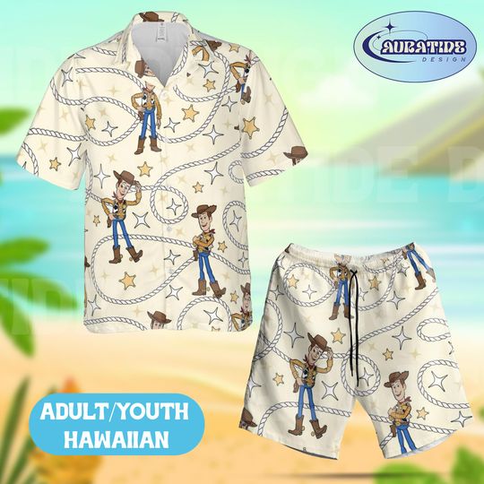 Discover Woody Cowboy Hawaiian Shirt Shorts Set, Disney Toy Story Lasso Beach Outfit, Sheriff Woody Western Summer Aloha Wear Adult Youth Gift