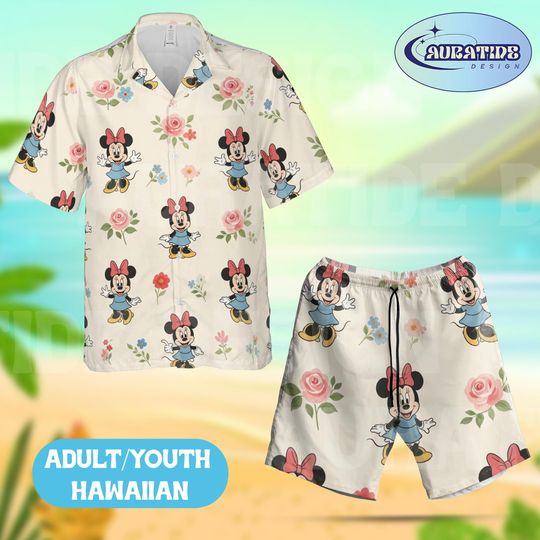 Discover Minnie Mouse Pink Rose Hawaiian Set, Disney Vintage Floral Beach Outfit, Cute Minnie Garden Aloha Wear Adult Youth Summer Vacation Gift