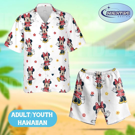 Discover Minnie Mouse Classic Polka Dot Hawaiian Set, Disney Princess Red Dress Beach Outfit, Cute Minnie Floral Aloha Wear Adult Youth Summer Gift