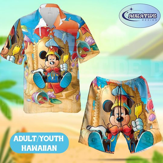 Discover Personalized Mickey Mouse Hawaiian Beach Set, Custom Name Disney Sandcastle Outfit, King Mickey Summer Vacation Aloha Shirt Shorts Set