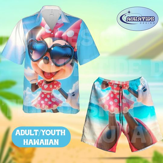 Minnie Mouse Sunglasses Hawaiian Set, Tropical Heart Polka Dot Shirt and Shorts, Disney Family Vacation Outfit, Summer Beach Party Wear
