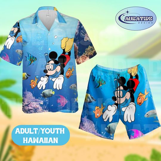 Discover Mickey Mouse Snorkeling Hawaiian Set, Tropical Scuba Mickey Shirt and Shorts, Disney Family Vacation Outfit, Summer Beach Party Wear