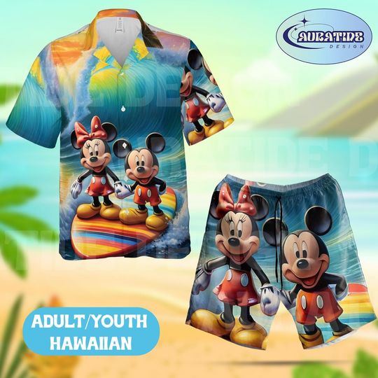 Discover Mickey and Minnie Surfing Hawaiian Set, Tropical Beach Couple Shirt and Shorts, Disney Family Vacation Outfit, Summer Surf Party Wear