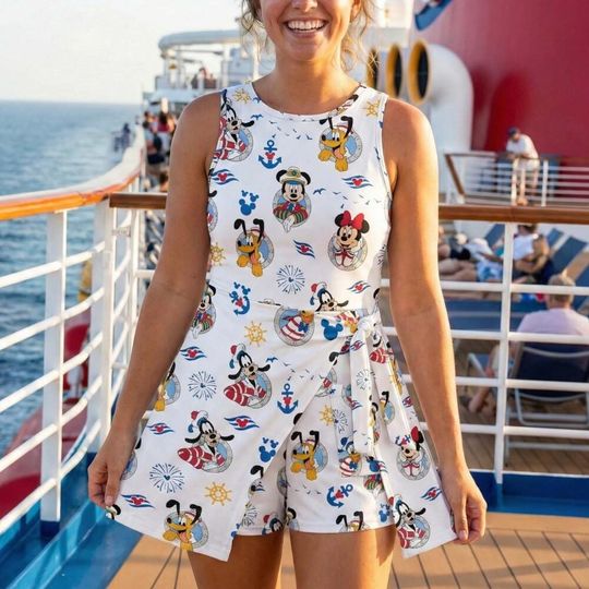 Discover Classic White Nautical Mickey and Friends Tennis Dress, Disney Cruise Line Porthole Outfit, DCL Sailing Adventure Summer Vacation Skort