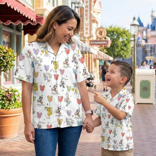 Discover Sweet Mickey and Friends Balloon Watercolor Hawaiian Shirt, Magical Park Signature Outfit, Aloha Summer Vacation Mothers Day Birthday Gift