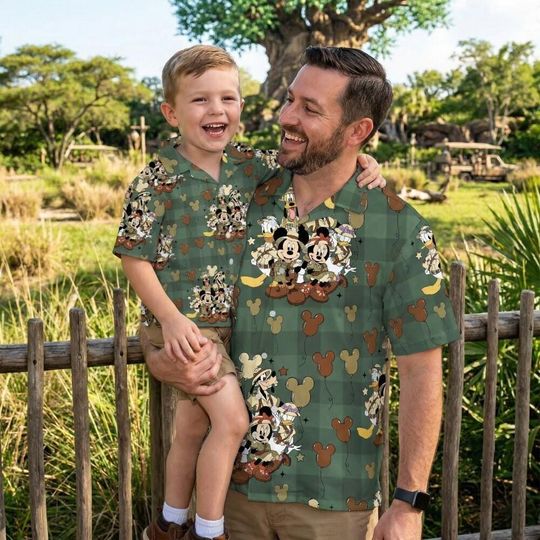 Discover Adventurous Mickey Safari Dark Green Hawaiian Shirt, Animal Kingdom Expedition Gear, Aloha Jungle Outfit, Fathers Day Summer Vacation Gift