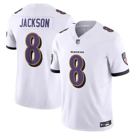 Discover Men's Ravenss #8 Lamar Jackson White Vapor F.U.S.E. Jersey