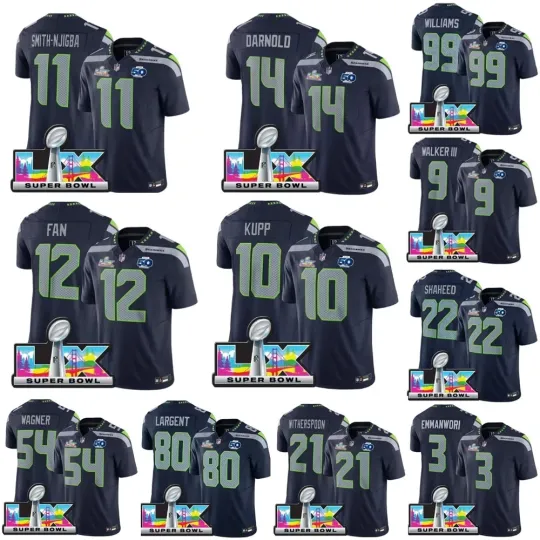 NWT Men's Seahawks Navy 50th Season/Super Bowl LX Patch Game Jersey