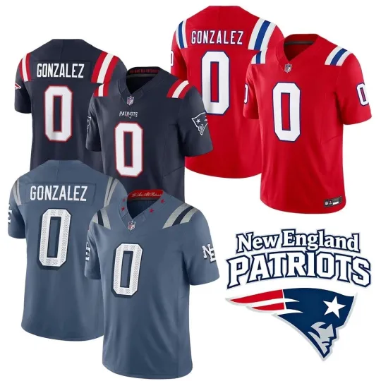 Discover NWT Men's Patriots #0 Christian Gonzalez Limited Game Jersey