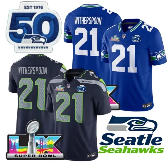 Seahawks Men's #21 Devon Witherspoon 50th /Super Bowl LX Patch Game Jersey