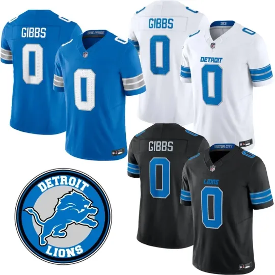 Discover Men's Lions #0 Jahmyr Gibbs Black/Blue/White Game Jersey