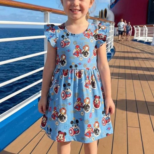 Blue Comic Hero Ruffle Dress, Marvel Avengers Day at Sea Outfit, Spider-Man Captain America Costume, Disney Cruise Trip Toddler