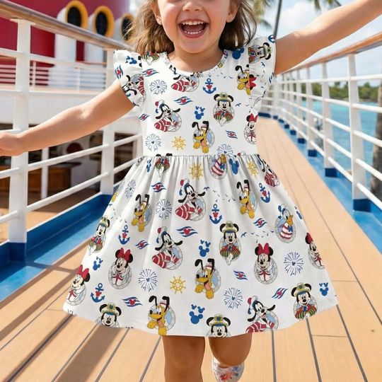 Cheerful Nautical Mickey and Friends Cruise Ruffle Dress, DCL Pirate Night Outfit, Donald Daisy Goofy Sailing Vacation Summer Gift Gear