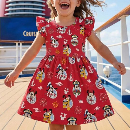 Discover Vibrant Red Nautical Mickey and Friends Cruise Ruffle Dress, DCL Pirate Night Outfit, Goofy Donald Daisy Sailing Vacation Summer Gift Gear