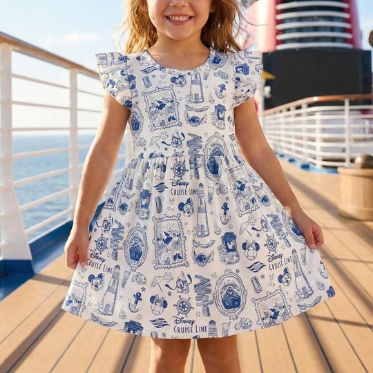 Discover Classic Blue Sketch Disney Cruise Line Ruffle Dress, DCL Nautical Mickey Minnie Stitch Outfit, Castaway Cay Vacation Girl Summer Apparel Gea