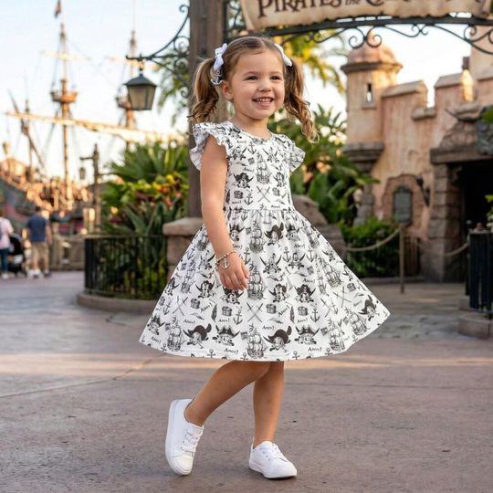 Artistic Black Line Art Mickey Pirate Ruffle Dress, DCL Pirate Night Nautical Outfit, Disney Cruise Summer Vacation Toddler Girl Party Gear