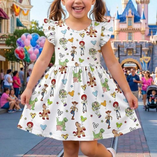 Playful Balloon Print Ruffle Dress, Toy Story Woody Buzz Outfit, Pixar Fest Costume, Andy's Room Birthday Gift Toddler Girl Trip