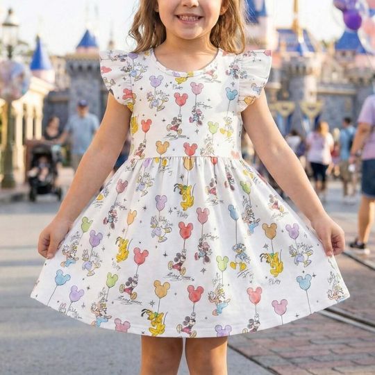 Discover Whimsical Sketch Ruffle Dress, Mickey Mouse Balloon Outfit, Vintage Disney Park Costume, Toddler Girl Birthday Gift Summer Trip