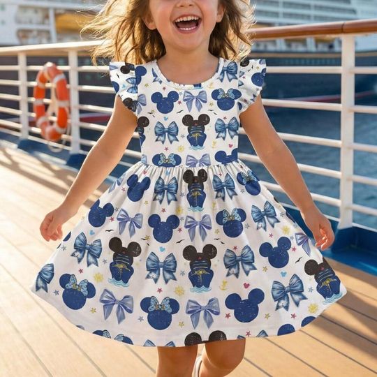 Discover Minimalist Navy Blue Mickey Ship Cruise Ruffle Dress, Nautical Anchor Sailing Ribbon Outfit, Disney Cruise Line Vacation Summer Birthday Gif