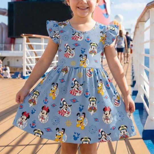 Discover Nautical Sailor Print Ruffle Dress, Disney Cruise Line Outfit, Mickey Mouse Castaway Cay Costume, Wish Treasure Vacation Wear