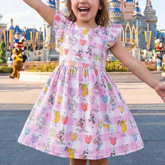 Sweet Pink Plaid Mickey and Friends Balloon Ruffle Dress, Magic Kingdom Signature Outfit, Minnie Pluto Birthday Gift Summer Vacation Apparel
