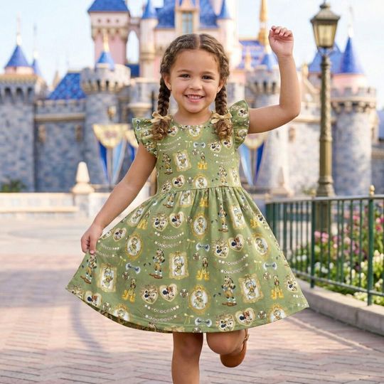 Discover Adventurous Mickey Safari Coquette Ruffle Dress, Animal Kingdom Leopard Bow Outfit, Disney Birthday Girl Toddler Green Summer Vacation Gear