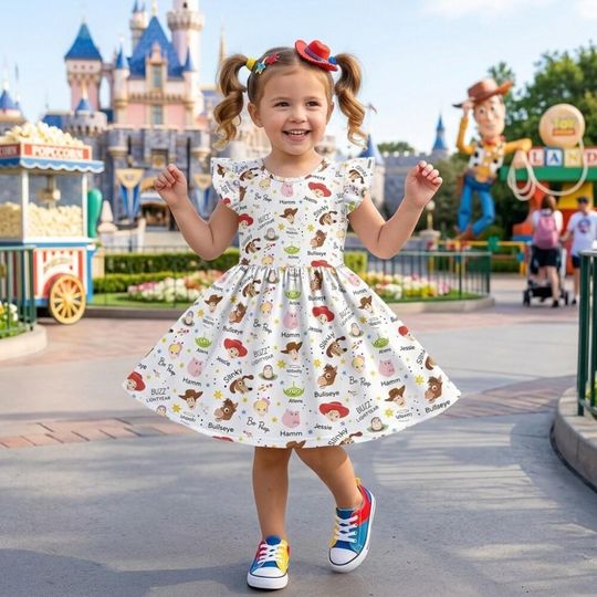 Playful Toy Story Doodle Ruffle Dress for Toddlers, Woody Buzz Jessie Rex Sketch Outfit, Disney Birthday Girl Summer Vacation Skirt Gear